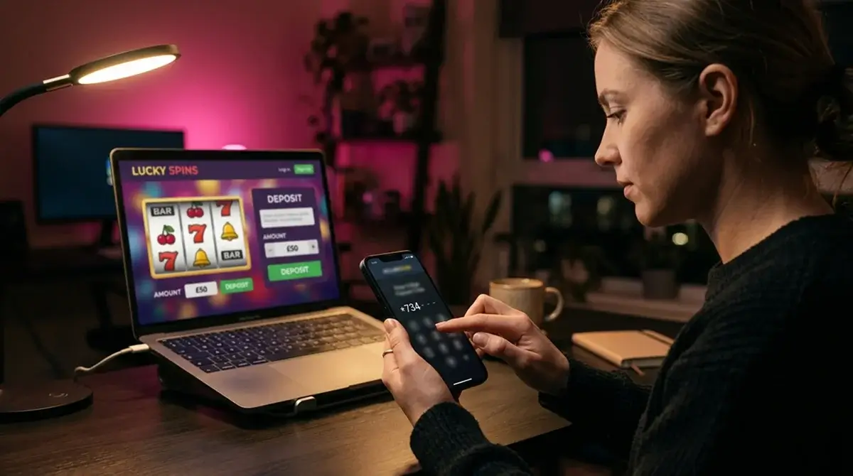 Osoba trzymająca smartfon i wpisująca kod BLIK podczas wpłaty depozytu w kasynie online na laptopie
