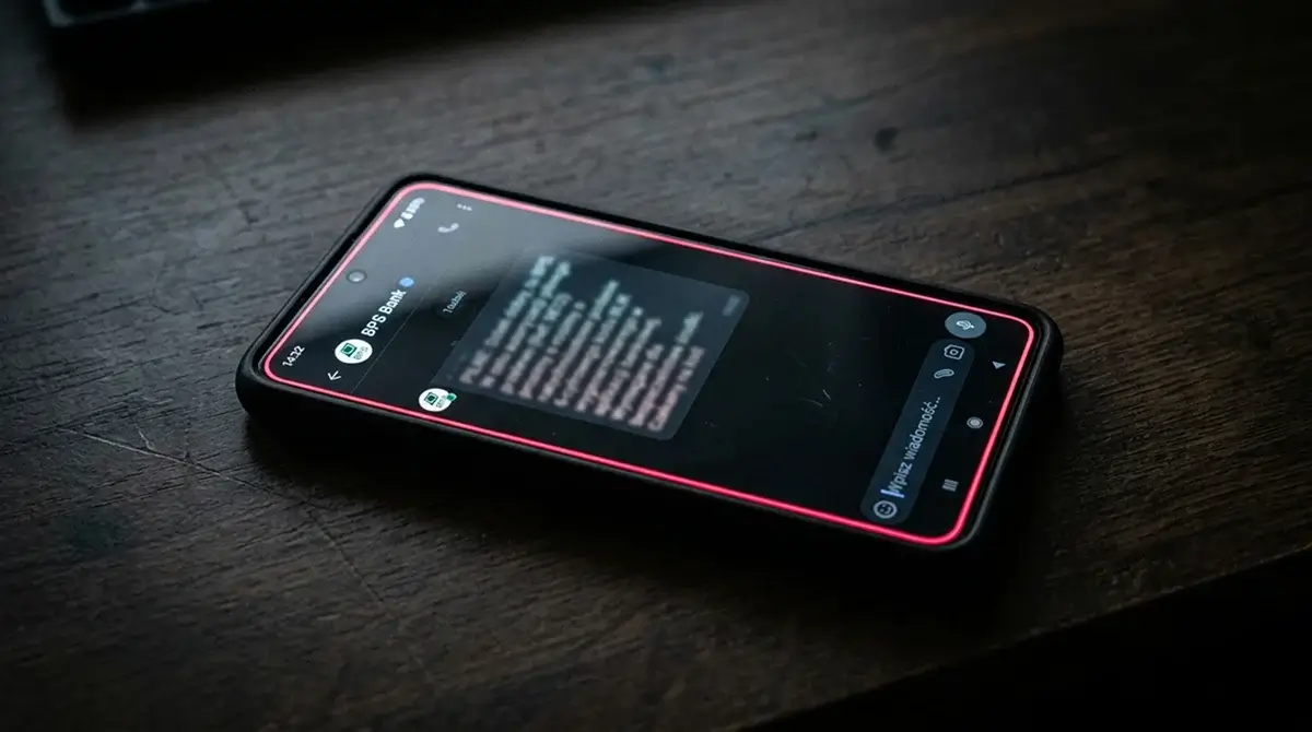 Smartfon z ostrzeżeniem o podejrzanej wiadomości phishingowej próbującej wyłudzić kod BLIK