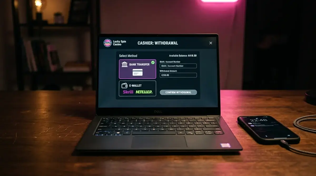 Laptop z otwartym panelem wypłaty środków z kasyna przez przelew bankowy i e-portfel