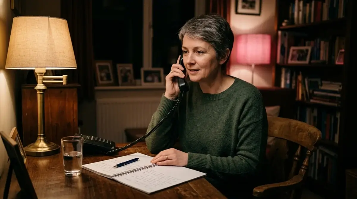 Osoba rozmawiająca przez telefon z linią wsparcia dla osób z problemem hazardowym przy biurku